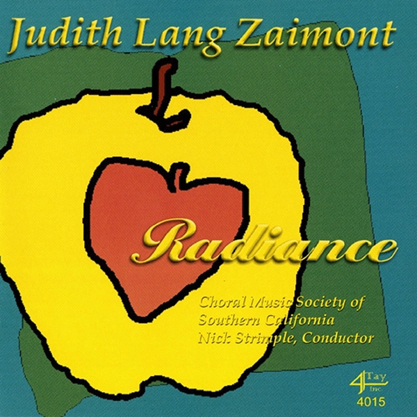 Album Cover "Radiance." In the style of roughly cut construction paper, an apple outline encompasses a heart outline.