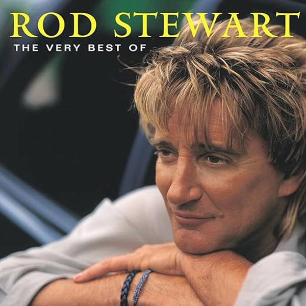 Album Cover "Rod Stewart: The Very Best Of." Rod Stewart, leaning out of a blurred car windown, looks off into the distance and rests his chin on his folded hands.