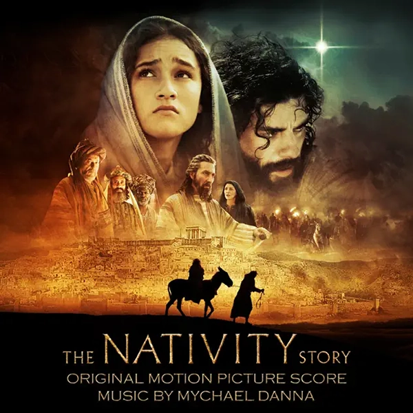 Album Cover "The Nativity Story." Features a photograph of the actors who portrayed Mary and Joseph in time-period attire. Smaller scenes from the biblical nativity story are depicted in the bottom half of the image.