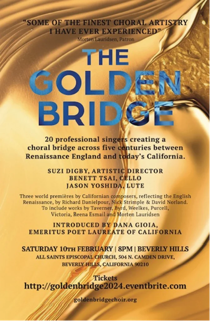 The Golden Bridge - All Saints Parish Feb 2024 Flyer. A shirl of golden paint with text announcing the event and the works list, including a Nick Strimple world premiere.
